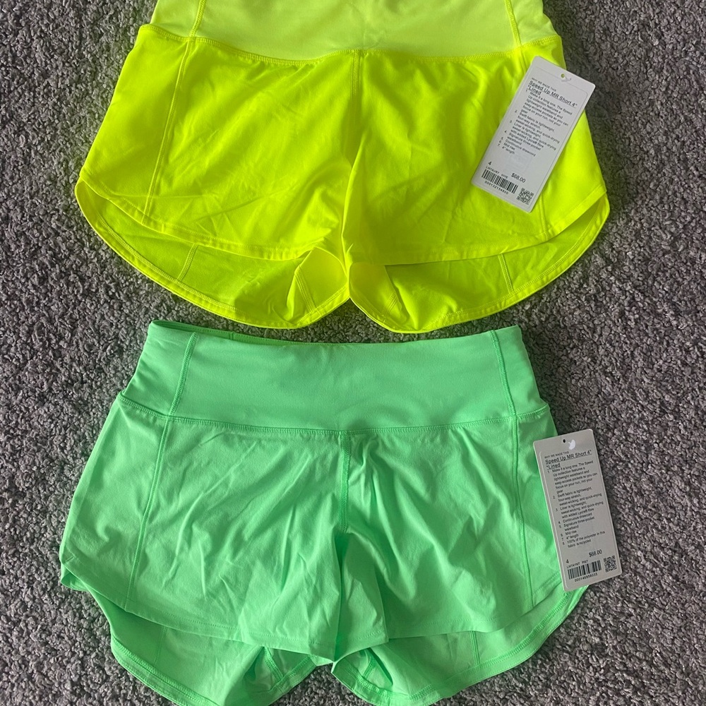 Women's Lululemon Neon Yellow and Green speed up 4 inch lined Shorts NWT size 4